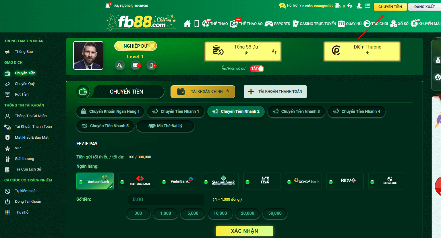 Hướng dẫn nạp tiền vào Fb88 nhanh chóng và an toàn cho bạn 5 Trên giao diện Nạp Tiền FB88 được hiển thị bằng chuyển tiền